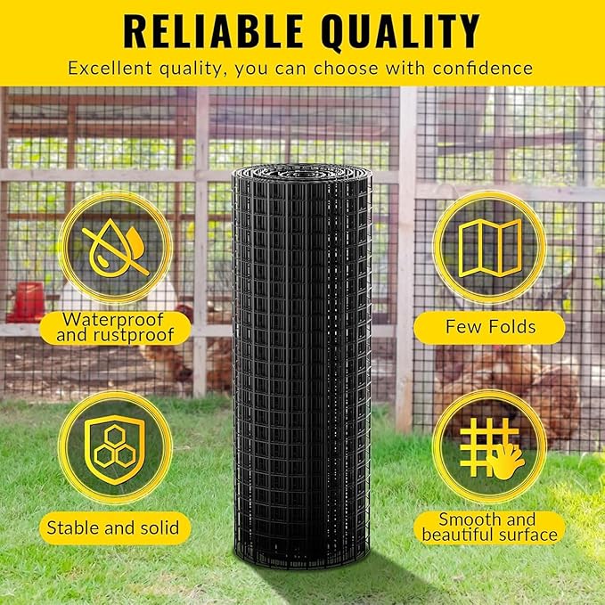 Hardware Cloth PVC Coated Wire Mesh 24'' x 25' 1/2inch Mesh Black Vinyl Coated Fence Chicken Wire Fencing 19 Gauge Chain Link Fence for Chicken Coop, Animal Control,Gutter Guard, and Home Improvement