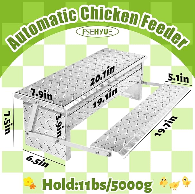 ‎Fsehyue Automatic Chicken Feeder Chook Food Feeder Capacity Treadle Self Opening Pou with Weatherproof Lid Rain Cover for Roosters Pheasant Chicken Outdoor Coop Silver Full Aluminum(11lbs/5000g)
