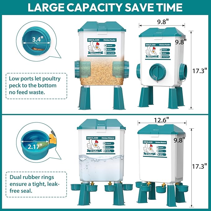 Chicken Feeder and Waterer Set - 3 Gallon/26.5 Pounds, Automatic Chicken Waterer with 4 Cups & 3 Feeder Ports, No Waste Poultry Feeders & Waterers, Chicken Coop Accessories for Hens/Ducks/Poultry