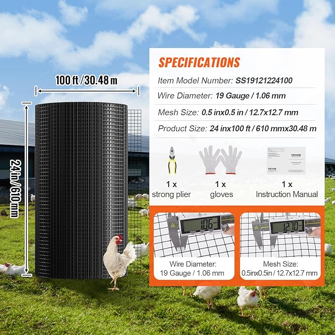 VEVOR Hardware Cloth, 24'' x 100' 1/2 inch Galvanized Wire Mesh Roll, 19 Gauge Chicken Wire Fencing Roll, Vinyl Metal Wire Mesh for Chicken Coop Barrier, Rabbit Snake Fences, Poultry Enclosures