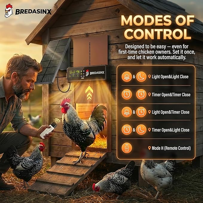 Automatic Chicken Coop Door Solar Powered with HD Screen, Timer & Light Sensor, 5 Modes, Aluminum Alloy, Remote Control Up to 70M