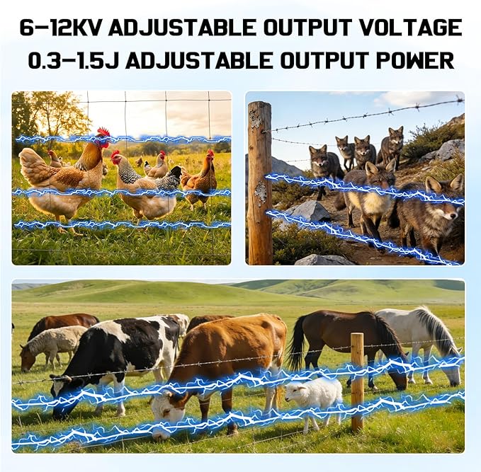 6-12KV Adjustable Output Solar Charger,30 Miles Solar Electric Fence Charger,1.5J Solar Fence Charger,15W Solar Powered Electric Fence Kit for Livestock,24H Uninterrupted Protection