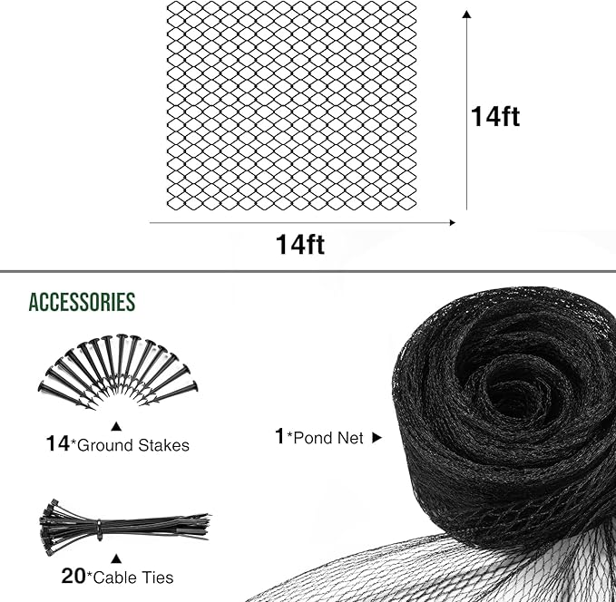 Pond Netting Cover for Leaves, 14 x 14 Koi Pond Net Cover, Durable & Sturdy Pond Netting for Koi Ponds, Protect Koi Fish Against Herons, Raccoons, Cats & Predators, 14pcs Stakes Included