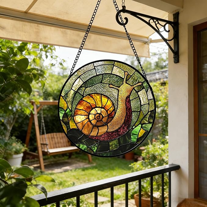 Stained Glass Window Hanging, Green Orange Snail Sun Catcher for Door Home Decor Suncatcher Christmas Mother's Day Birthday Gifts for Women Men Mom and Nana 7.8 in