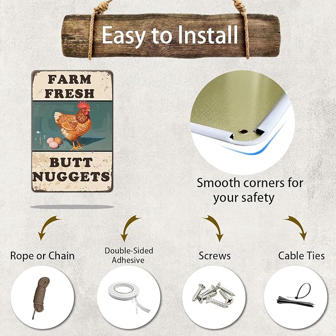 Chicken Coop Sign Farm Fresh Butt Nuggets Tin Sign Plaque Metal Poster 12x8 Inch Wall Decor