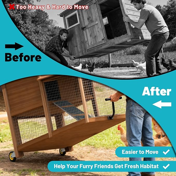 Chicken Coop Wheels Kit, 2 Pack 4" Fixed Caster Wheels & A Pull Handle, Fit for Mobile Chicken Cage, Chicken Tractor & Poultry House, Portable Chicken Coop Accessories, Easy to Use