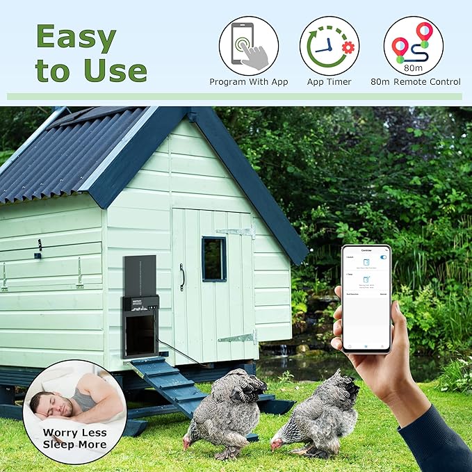 Smart Chicken Coop Door with Programmable App Timer, Solar Powered/Battery Backup, Motion-Activated Anti-Pinch System, Heavy-Duty Waterproof Aluminum Door for Hens & Ducks - MATELOONG