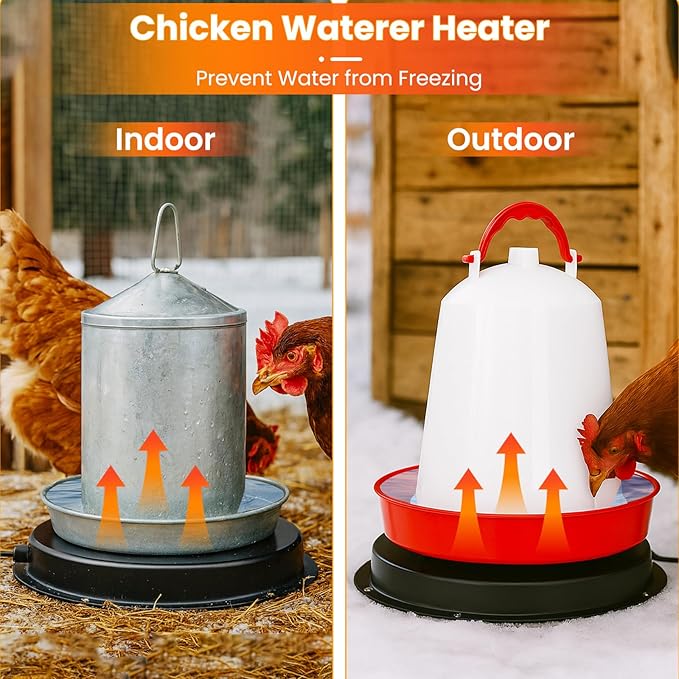 Chicken Water Heater for Winter, 11'' Heated Waterer Base for 1-5 Gallon Metal/Plastic Poultry Waterer, Built-in Thermostat (77℉ Auto Shut-Off), 110W Coop Heater with 6.6ft Power Cord