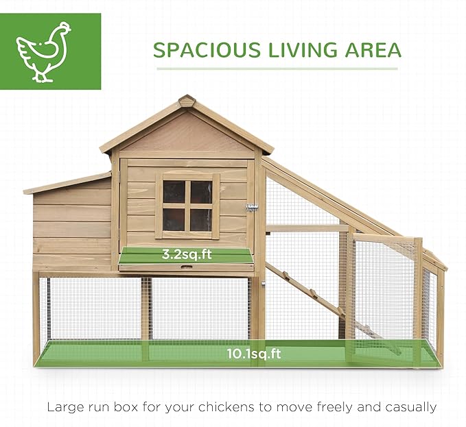 PawHut 69" Wooden Chicken Coop, Poultry Cage Hen House with Connecting Ramp, Removable Tray, Ventilated Window and Nesting Box, Natural