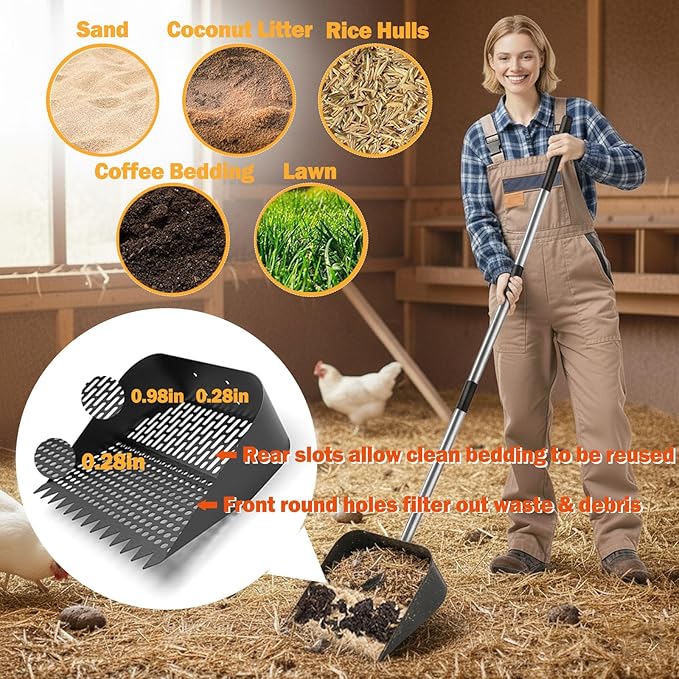 Upgraded Chicken Poop Scooper & Rake 2-in-1, Metal Shovel Head Chicken Coop Scooper for Sand with 22 to 63" Adjustable Stainless Steel Handle, Chicken Scooper for Poop, Farm & Pet