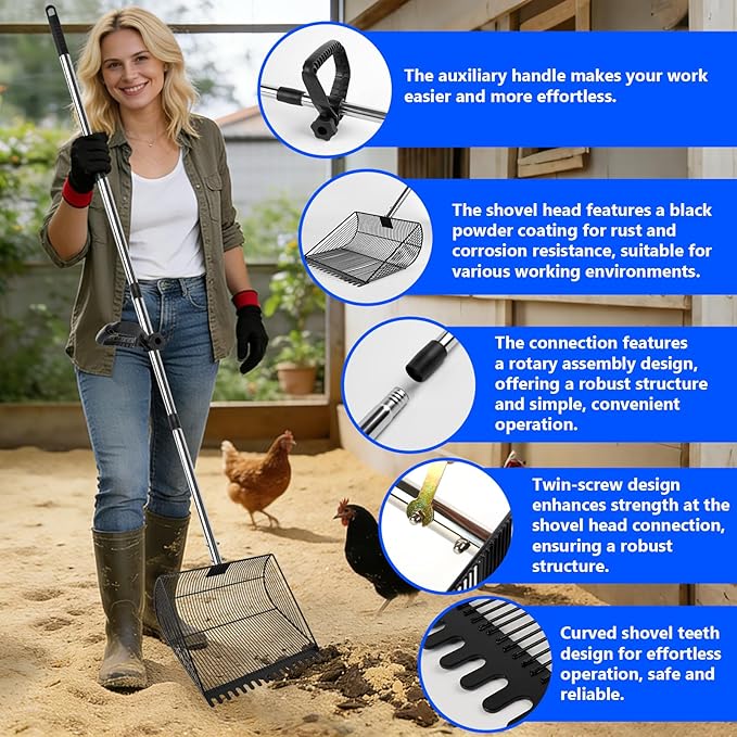 13-inch Sand-Grade Chicken Poop Scooper, Large Adjustable Metal Poultry House Manure Scoop, Chicken Poop Scooper Suitable for Cleaning Chicken Coops, Stables, Gardens, and Small Farms
