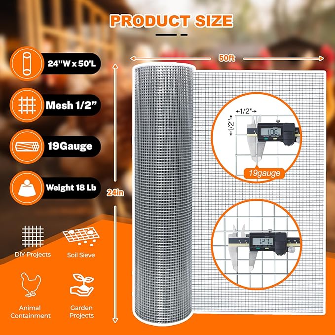 1/2'' 24'' X 50' Hardware Cloth, 19 Gauge Chicken Wire Fencing Double Layer Hot Dip Galvanizing, Wire Mesh Fence for Fence, Chicken Coop, Rabbit/Snake Fence, Poultry Fence