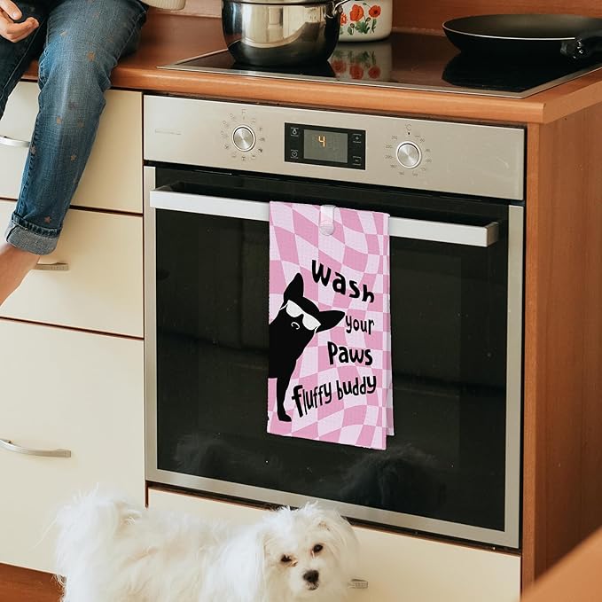 Pink Cute Dog Chihuahua Bathroom Kitchen Towels, Funny Wash Your Paws Hand Towel for Girly Room, Chihuahua Gifts for Dog Lovers, Trendy Preppy Checkered Dish Towels Decor for Dorm 16x24in