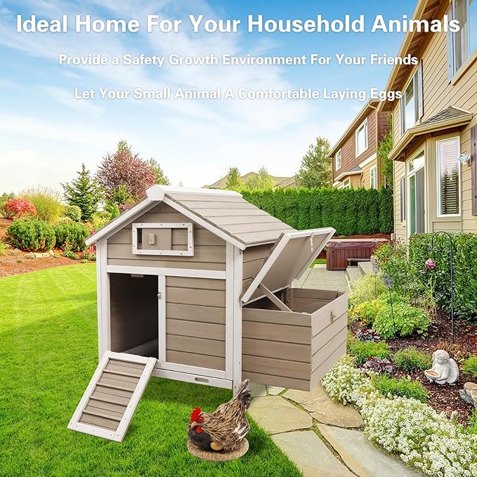 Chicken Coop Rabbit Hutch with Removable Trays,Raised Floor Hen House with Nesting Box,Wooden Outdoor Poultry Cage Pet House with Ramp Run Hen Cage for Garden Backyard(Grey)