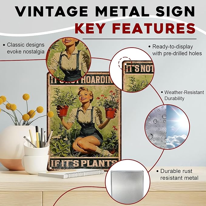 ARTWALLURE Gardening Vintage Tin Sign It‘s Not Hoarding If It's Plants Metal Tin Sign for Home Garden Greenhouse Living Room Bedroom Outdoor Decor 12x16inch