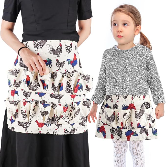 2 Pack Egg Apron Hossmily, Egg Collecting Apron for Chicken Duck Goose Eggs, Chicken Egg Apron for Housewife Farmhouse Kitchen Restaurant Parent-Child Activities, Adult 12 Pockets &Child 3 Pockets