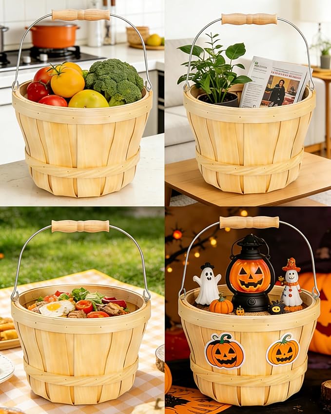 ZILAMGOO 2-Pack Apple Baskets Wooden Bushel Style – Handwoven Round Wood Fruit Baskets with Metal Handle – Rustic Farmhouse Bucket for Produce, Harvest, Holiday Display & Gifting