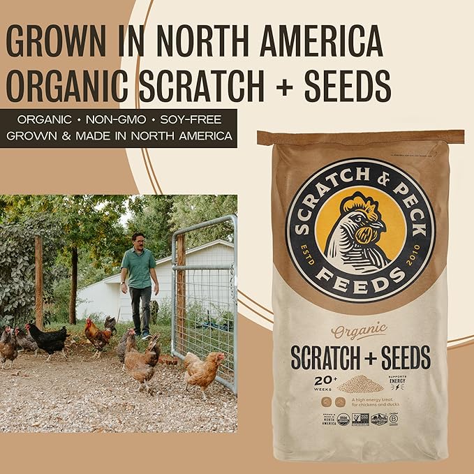 Scratch and Peck Scratch + Seeds Chicken and Duck Treat - 25 lbs Bag - 11% Protein, Certified Organic and Non-GMO Project Verified Chicken Food