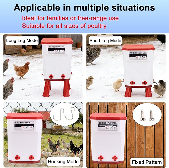 3 Gallon Heated Chicken Waterer, Chicken Water Heater with Thermostat Control,Winter Anti-Freezing Poultry Drinking Water Heater,Hanging/Standing