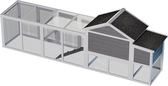 Large Wooden Chicken Coop with Enclosed Run & Nesting Box Outdoor Hen House with Asphalt Roof Removable Tray Ramp Perch Secure Locks for 2–4 Chickens (Gray)