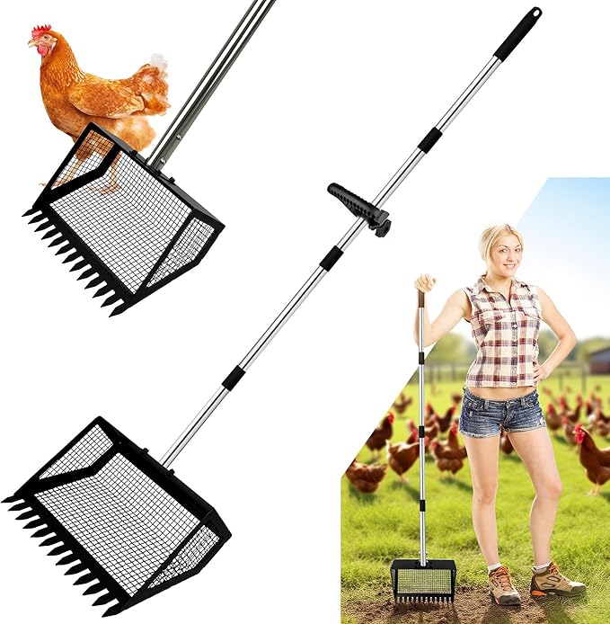 PETCHO Chicken Poop Scooper and Rake 2-in-1 – Heavy Duty Metal Manure Shovel with Adjustable Stainless Steel Handle– Coop Cleaning Tool for Poultry, Barn