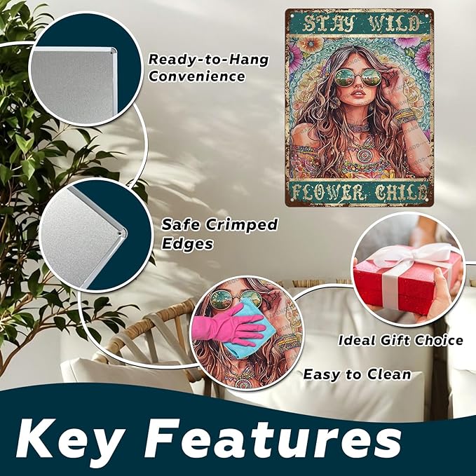 HARIKUIYIN Rustic Retro Metal Tin Sign Stay Wild Flower Child Girl Flowers Wall Art Metal Poster Home Wall Decoration Bar Office Kitchen Home Bedroom Courtyard Decoration Sign 16x12 Inch