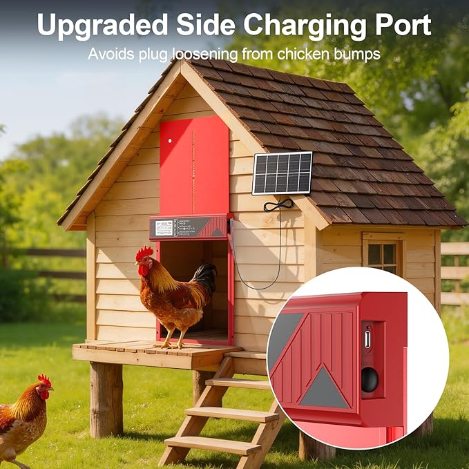 Larger Size Automatic Chicken Coop Door Solar Powered, 4000MAh Internal Battery Automatic Coop Door Anti-hit Side Charging Port, Automatic Chicken Door with Timer, Light Sensor 4Modes & Remote Control