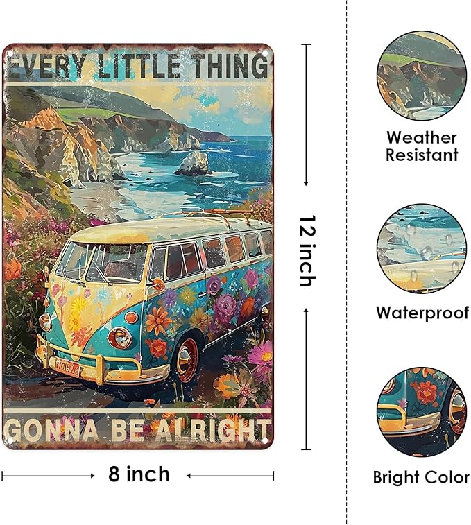 Sanwarm Metal Sign 8X12 Inch, Bus Hippie Flower Vintage Tin Sign Wall Art Decor for Home, Living Room, Kitchen, Garden, Bedroom, Office, Hotel, Cafe And Pub Decoration