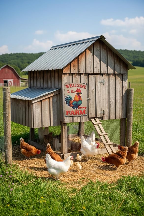 Welcome to The Funny Farm Aluminum Sign Humorous Chicken Coop Sign Rustic Farmhouse Welcome Sign for Backyard Flock 8x12 Inches Outdoor Metal Decor Style-04