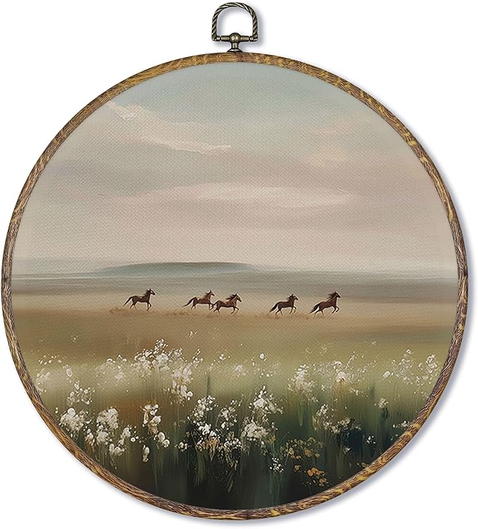 Fewgb Wild Horse Wildflower Round Wall Art Decor Framed, Vintage Farmhouse Country Landscape Canvas Wall Art Prints Picture, Rustic Cottagecore Hanging Room Decor Artwork for Gallery Bedroom 10x10