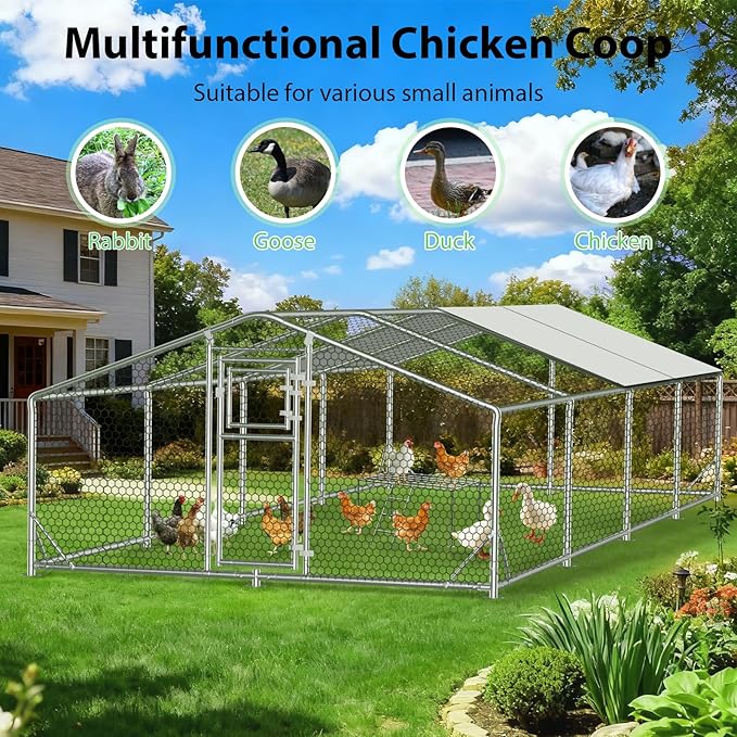 26x10FT Extra Large Metal Chicken Coop with Perch, Functional Split Door Chicken Coop Run with Cover & Hardware Cloth,Heavy Duty Chicken Pen with Aluminum Frame, Easy Setup Animal Run for Hen, Duck