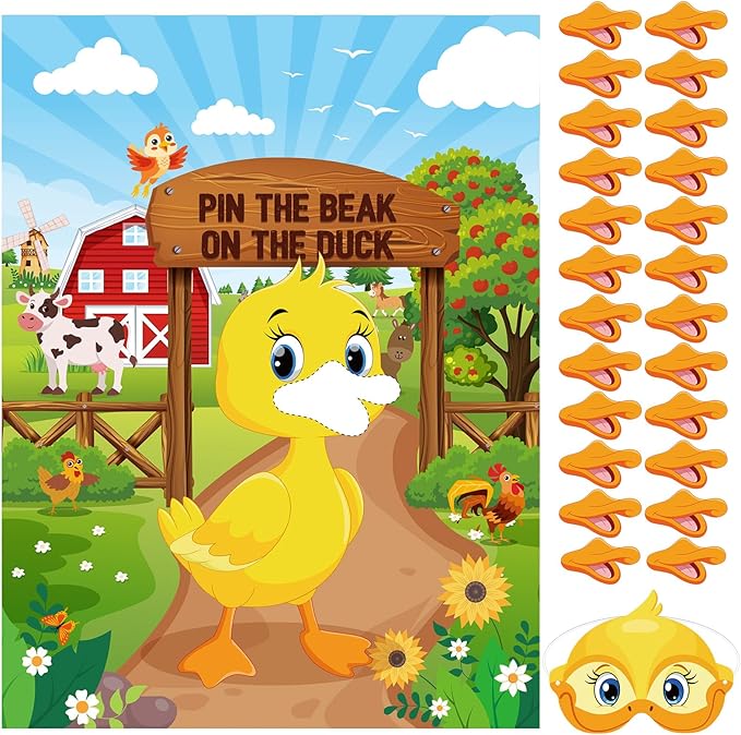 Faccito Farm Animal Games Pin The Tail on The Animals Barn Birthday Party Decorations Farm Poster Games with 24 Stickers Eye Mask for Family Activities Birthday Party Decor Supplies (Duck)