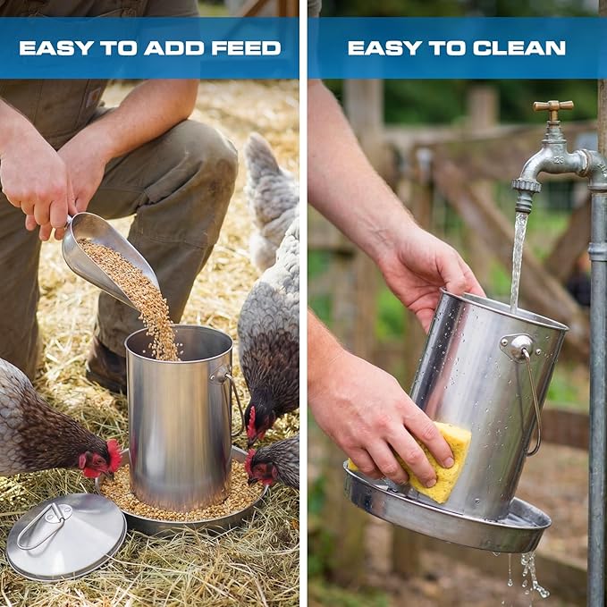 Plexon 6.6 Lb Hanging Chicken Feeder no Waste Food-Grade Stainless Steel - Turkey Duck Poultry Feeder for Chicken Metal - Heavy Duty Reliable Long-Lasting with Handle