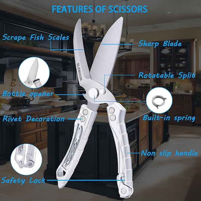 Kitchen Shears Heavy Duty Poultry Shears for Bone,Chicken,Turkey,Meat,Fish and Pizza Cutting Board Kitchen Scissors All Purpose for Food Ideal for Chef and Home Cooking,Dishwasher Safe Silver