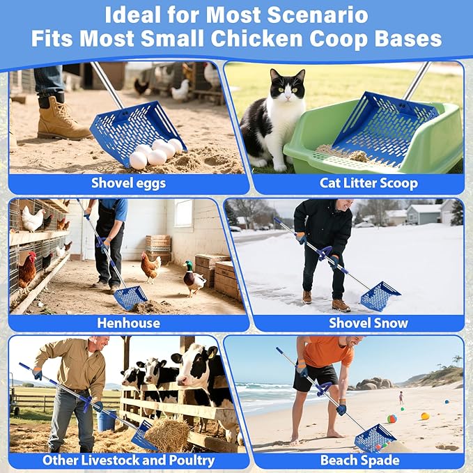Chicken Poop Scooper, 10 Inch 2 in 1 Stainless Steel Sand Sifting Shovel & Rake with 35" to 62" Adjustable Length, Durable Litter Cleaner with Detachable Handle for Chicken Coop Farm Animal(Blue)