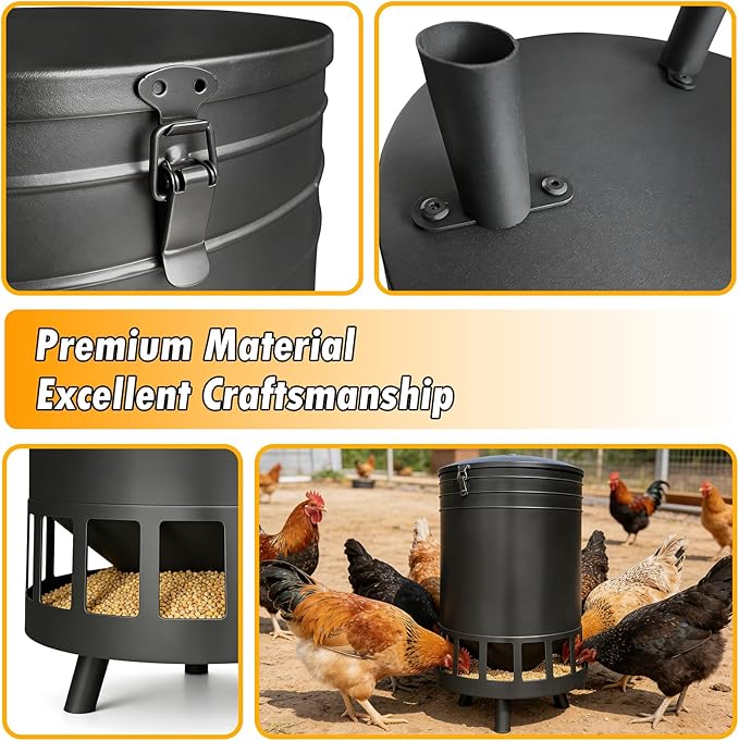 50LB Large Capacity No-Waste Chicken Feeder - Automatic Gravity Dispenser with 16 Feeding Ports, Spill-Control Design, Rust-Proof Powder Coated Metal Poultry Feeder for Coop & Outdoors