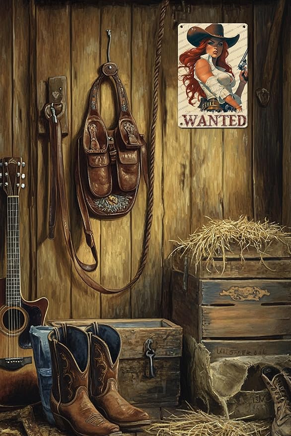 Rustic Cowgirl Metal Tin Sign Wall Art Retro Western Decor Wanted Pin Up Girl Sign 12x8 Inch