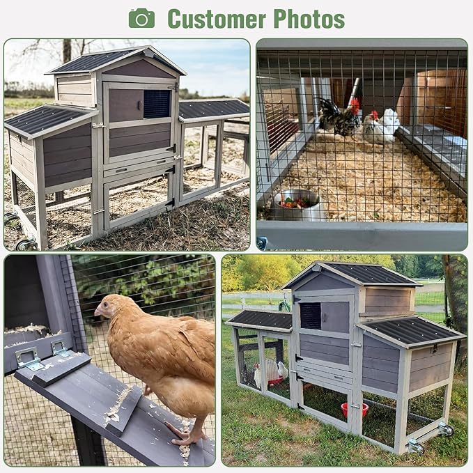 Mobile Chicken Coop with Wheels for 4-6 Chickens, Large Wooden Hen House Expandable Duck Cage with Run, 2 Nesting Boxes, Easy Clean Pull-Out Tray, Waterproof Asphalt Roof (Grey)