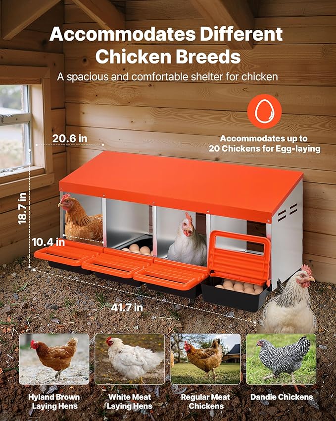 VEVOR Chicken Nesting Boxes, 4 Compartments, Metal Egg Laying Boxes with Protective Collection Lids, Roll Out Nesting Box, Easy to Assemble, Ideal for Hens, Ducks, Chickens, and Other Poultry, Orange
