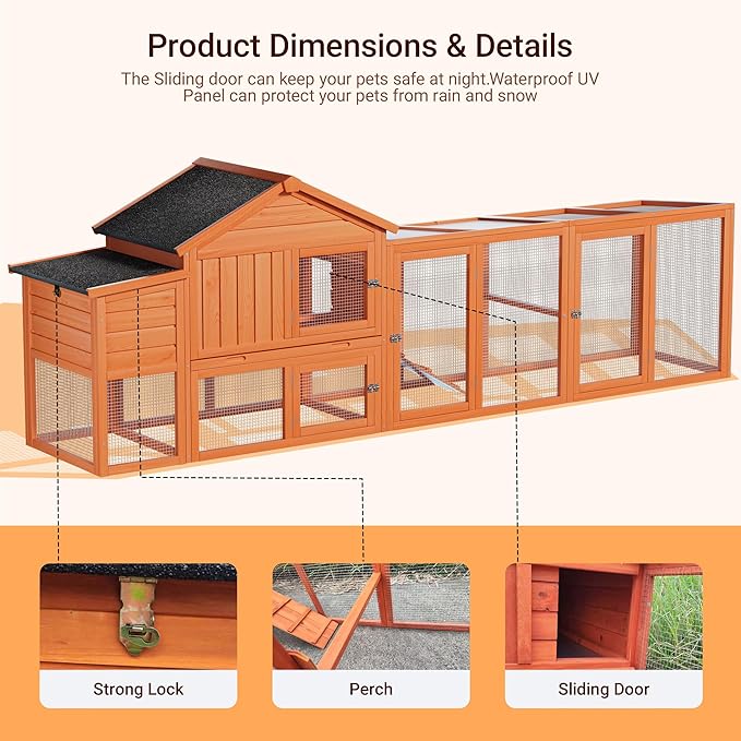 113.5" Large Wooden Chicken Coop Outdoor Hen House with Run, Waterproof Roof & Nesting Box, Secure Lock, Removable Tray, Ramp & Perch for 2–4 Chickens or Small Pets