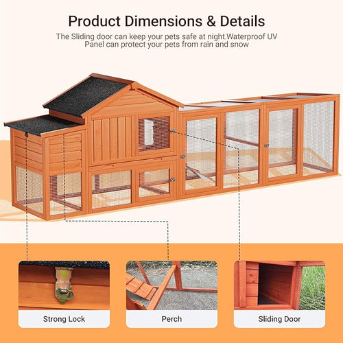 113.5" Large Wooden Chicken Coop Outdoor Hen House with Run, Waterproof Roof & Nesting Box, Secure Lock, Removable Tray, Ramp & Perch for 2–4 Chickens or Small Pets
