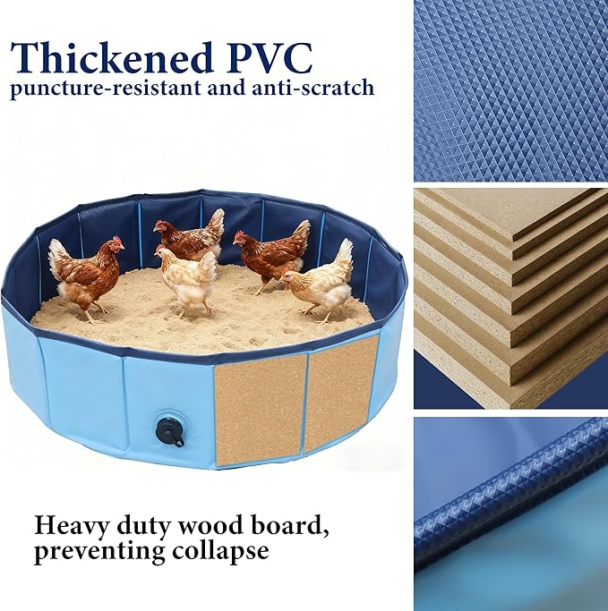 Chicken Dust Bath Tub, Chicken House Cleaner Container,Dust Bath for Chickens,Duck, Goose, Essential Chicken Coop Accessory 100% Waterproof, Foldable Desgin 32" D * 8" H,