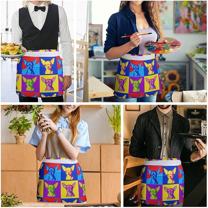 Unisex Chef Waiter Apron Waist Half Short Serving Aprons with 3 Pockets