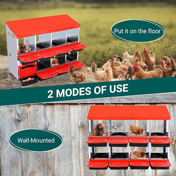 Chicken Nesting Boxes 8 Compartments Chicken Laying Boxes Roll Away Egg Collection Metal Poultry Nest Box with Perch and Lid Cover Free Standing Egg Laying Boxes for Hens Chicken