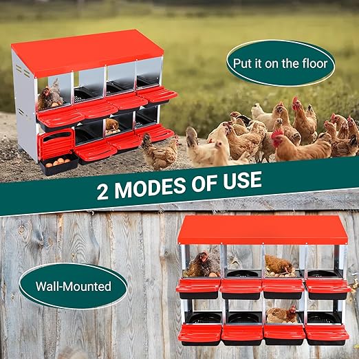 Garvee Chicken Nesting Boxes, 8 Hole Metal Chicken Laying Box with Removable Trays for Chicken Coop, Red