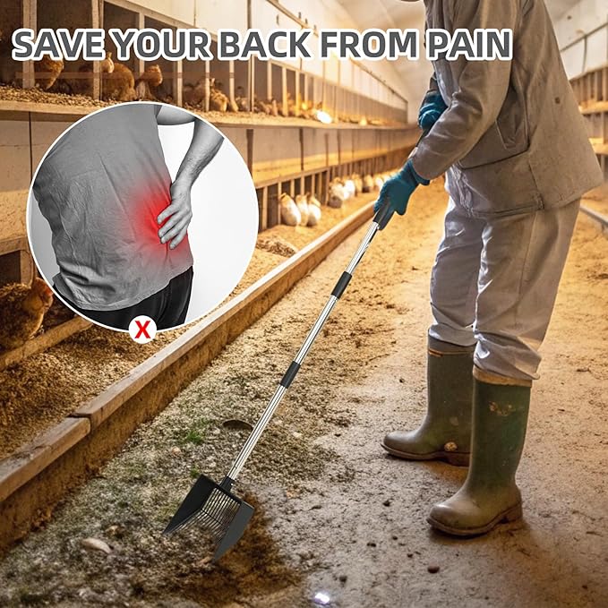PUPTECK Metal Chicken Coop Scooper, 4-in-1 Adjustable Removable Handle, Stainless Steel, Chicken Cleaning Tool, 22-52.3 Inch