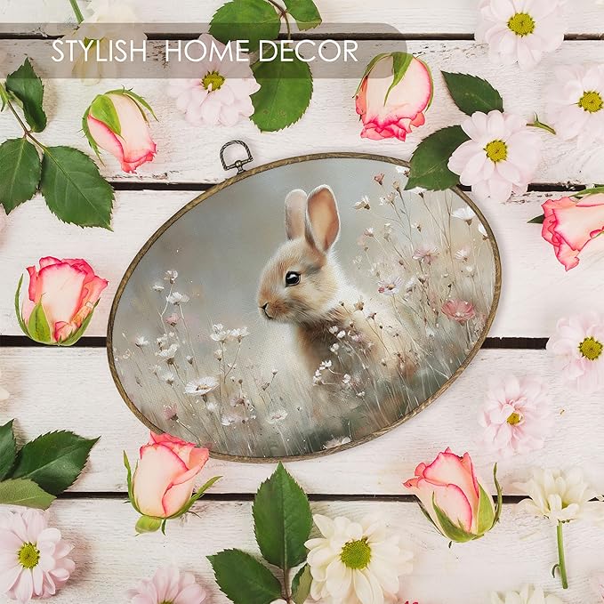 Fewgb Rustic Bunny Oval Wall Art Decor Framed for Rabbit Lovers Gifts, Easter Bunny Wildflower Canvas Wall Art Prints Picture, Farmhouse Cottagecore Hanging Room Decor Artwork for Nursery Gallery 9x12