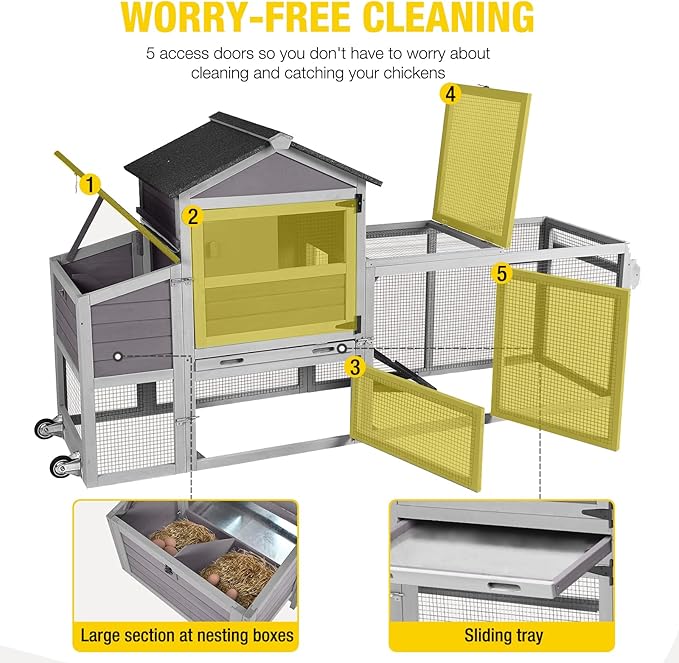 Aivituvin Large Chicken Coop with Wheels, Outdoor Hen House Mobile Poultry Cage with Run, Weatherproof Asphalt Roof, Sectionable Nesting Box, Leakproof Pull-Out Tray for 4-6 Chickens - Grey