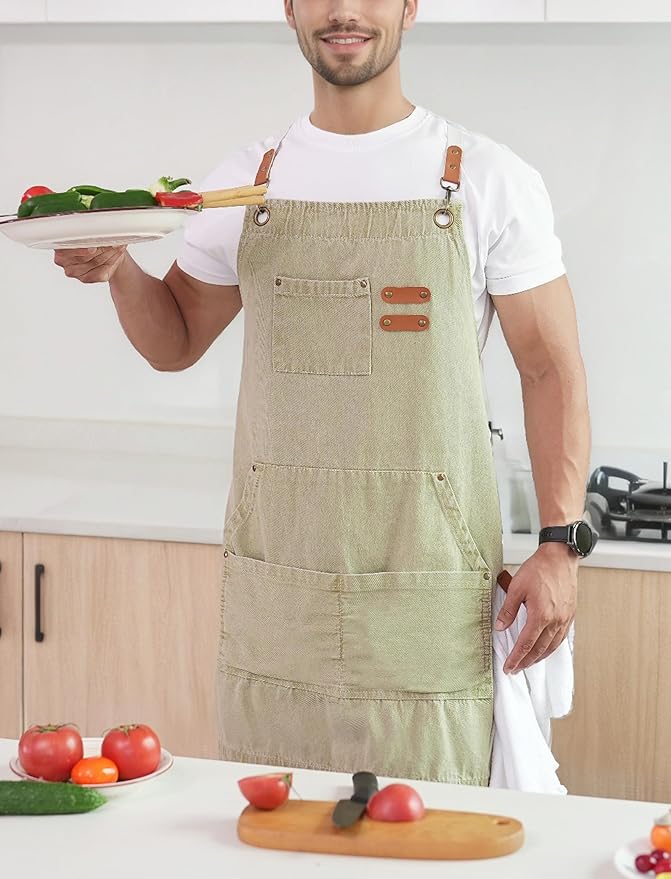 Denim Bbq Apron for Men Women with Pockets Adjustable Cross Back Chef Aprons for Kitchen Cooking Grilling Working
