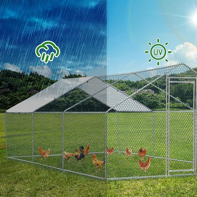 Outvita Chicken Coop, 19.5×10 FT Large Metal Chicken House, Poultry Habitat Cage with Waterproof Cover, Walk-in Chicken Run Pen for Small Animals, Yard, Farm, Patio